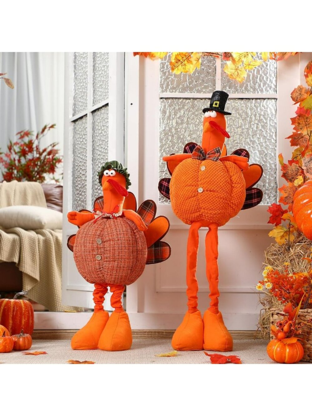 Set of 2 Large Plush Turkey Decor - 21-45 Inch Standing Dolls for Fall